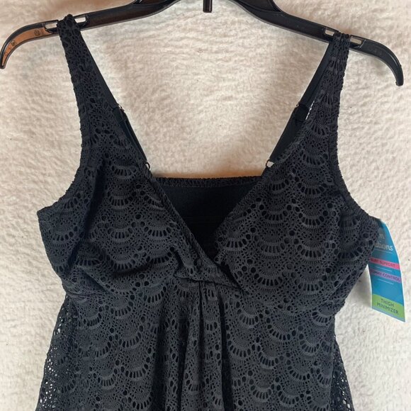 Swim Solutions Women's Tummy Control Flyaway Black Crochet Swimdress Size 10 NWT - Picture 2 of 11